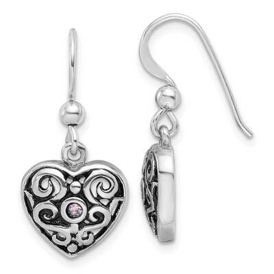 Rhodium-Plated Antiqued Pink CZ Filigree Heart Dangle Earrings Sterling Silver QE17529, MPN: QE1752…