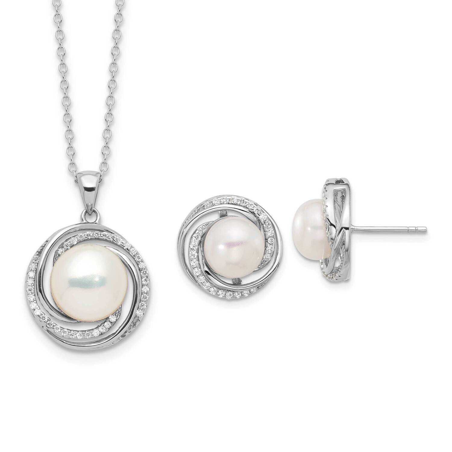Rh-Plated 8-10mm Fwc Pearl CZ Necklace Post Earrings Set Sterling Silver QH5828SET, MPN: QH5828SET,
