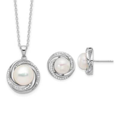 Rh-Plated 8-10mm Fwc Pearl CZ Necklace Post Earrings Set Sterling Silver QH5828SET, MPN: QH5828SET,