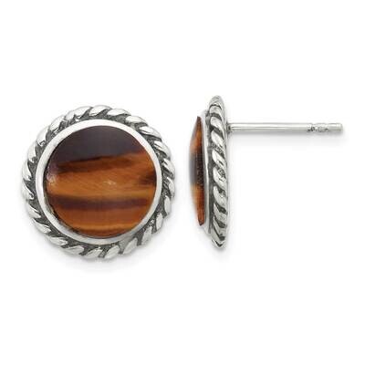 &amp; Oxidized Twisted Edge Tiger&#39;s Eye Post Earrings Sterling Silver Polished QE17424, MPN: QE17424,
