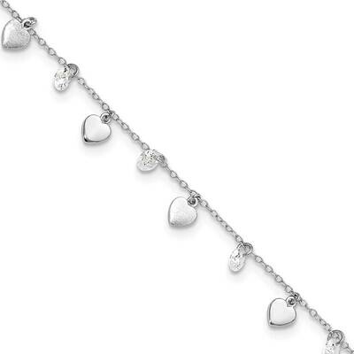 Rh-Plate Polished Satin CZ Heart 9 Inch Plus 1 Inch Extender Anklet  Sterling Silver QG6282-9, MPN:…