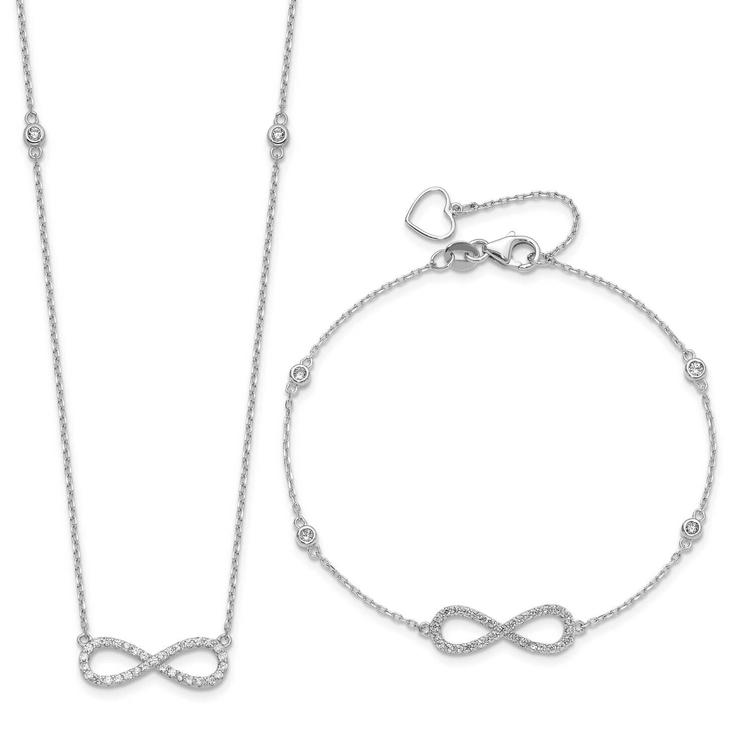 Rh-Plate CZ Infinity Bracelet Necklace Set Sterling Silver QG6554SET, MPN: QG6554SET,