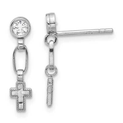 Rh-Plated Polished &amp; Textured CZ Cross Post Dangle Earrings Sterling Silver QE17692, MPN: QE17692,