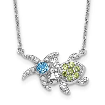 Rh-Pl Peridot Lt Swiss Blue Topaz Turtle Starfish Necklace  Sterling Silver QG6747PE-18.75, MPN: QG…
