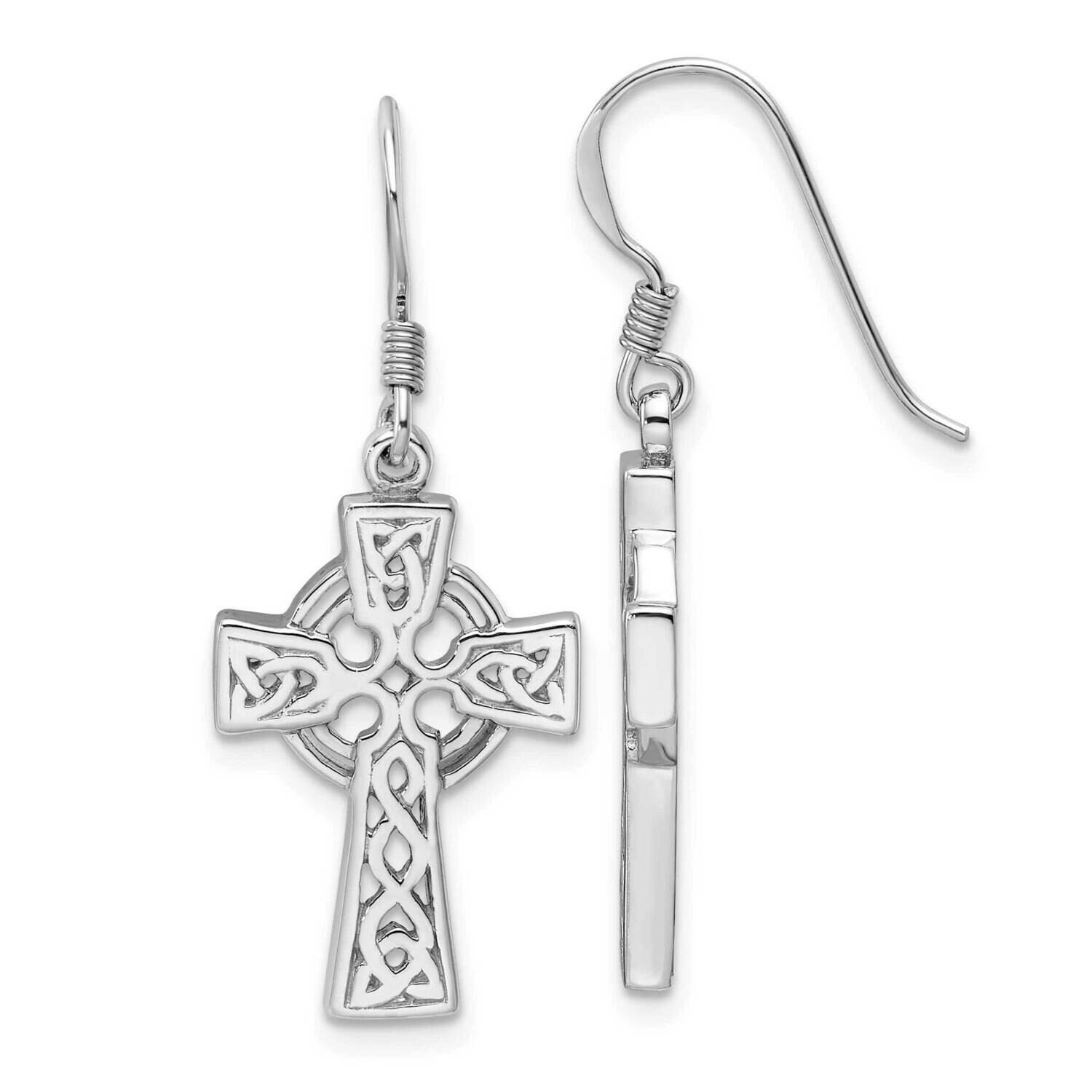 Rhod-Plated Polished Dangle Celtic Cross Design Earrings Sterling Silver QE17678