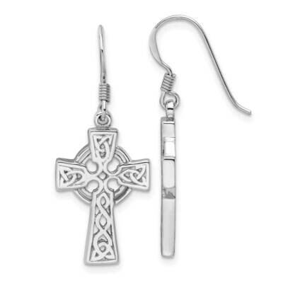 Rhod-Plated Polished Dangle Celtic Cross Design Earrings Sterling Silver QE17678, MPN: QE17678,