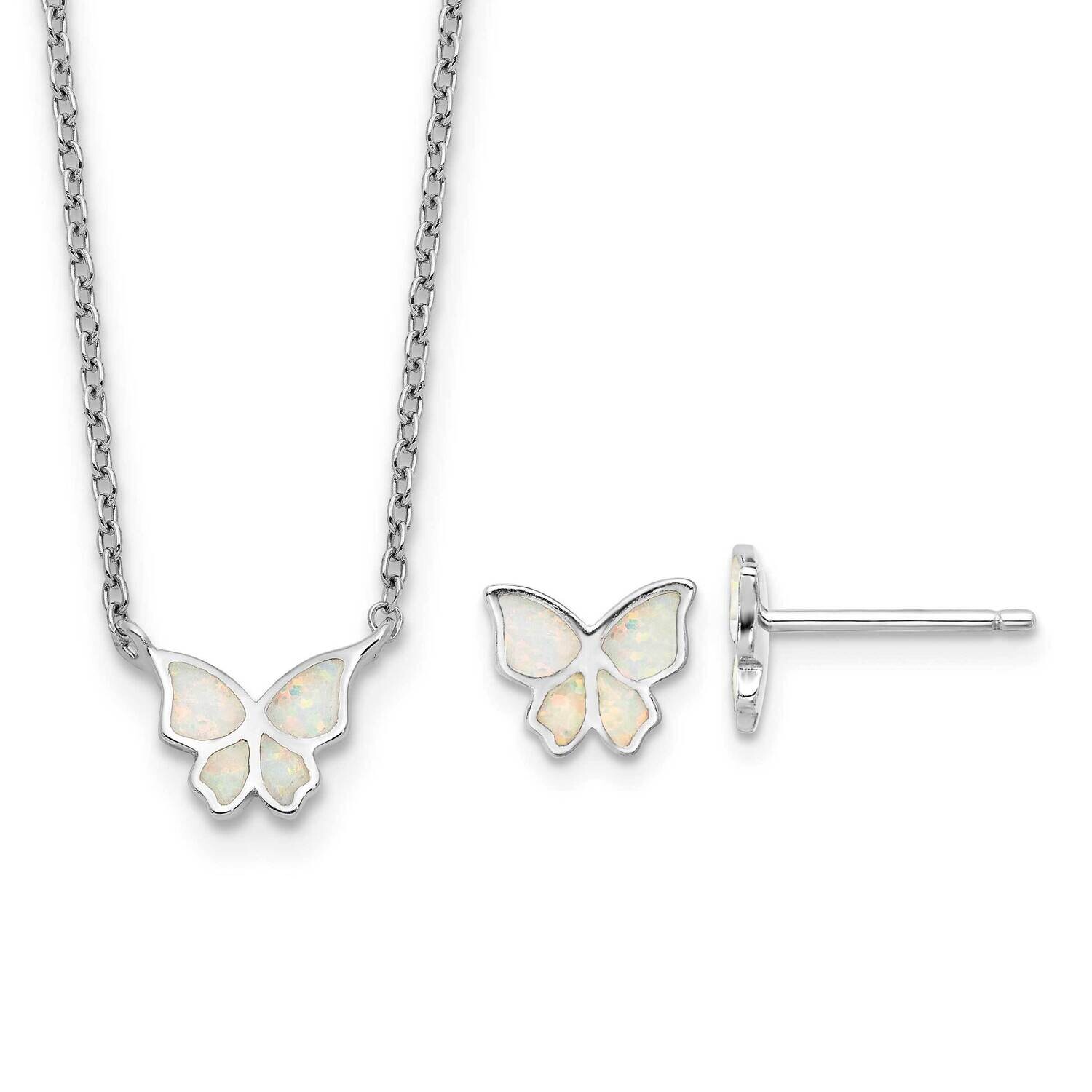 Rh-Pl Cr.Opal Butterfly 16 Inch Necklace 2 Inch Ext/Earring Set Sterling Silver QG6720SET, MPN: QG6…