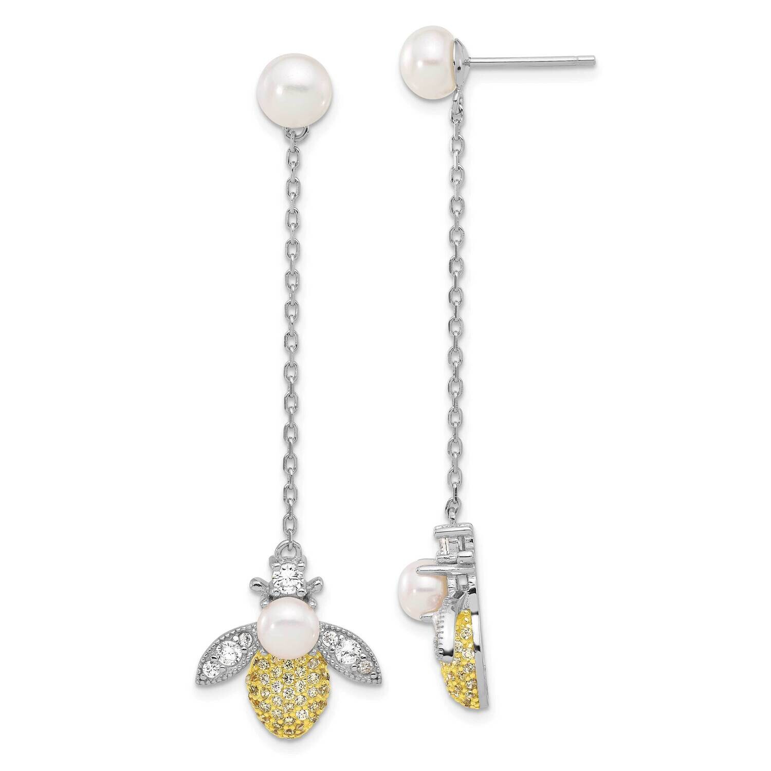 Rh Flash Gold-Plated Fwc Pearl CZ Bee Dangle Earrings Sterling Silver QE17227