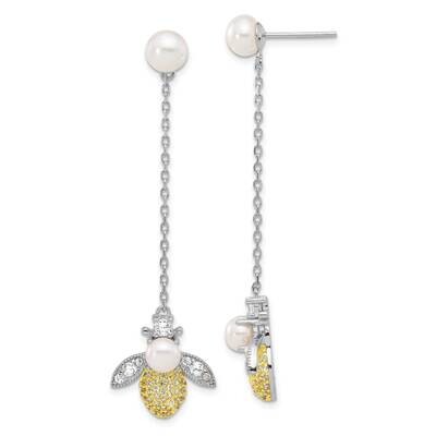 Rh Flash Gold-Plated Fwc Pearl CZ Bee Dangle Earrings Sterling Silver QE17227, MPN: QE17227,