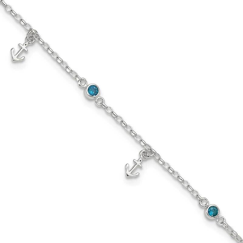 Blue CZ Anchors 9 Inch Plus 1 Inch Extension Anklet Sterling Silver Polished QG6323-9