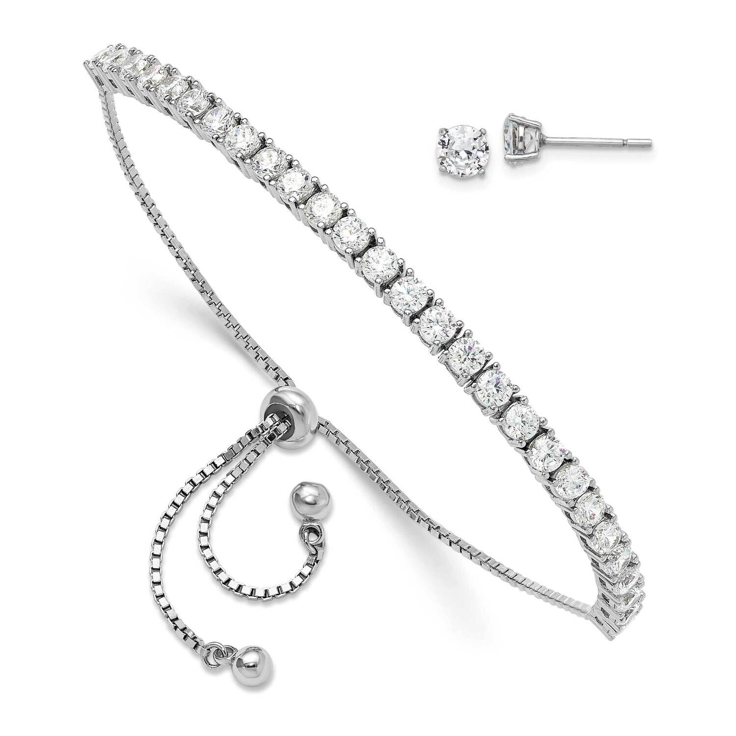 CZ Adjustable Bracelet Post Earring Set Sterling Silver Rhodium-Plated QG6243SET, MPN: QG6243SET,