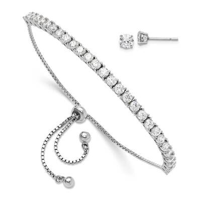 CZ Adjustable Bracelet Post Earring Set Sterling Silver Rhodium-Plated QG6243SET, MPN: QG6243SET,