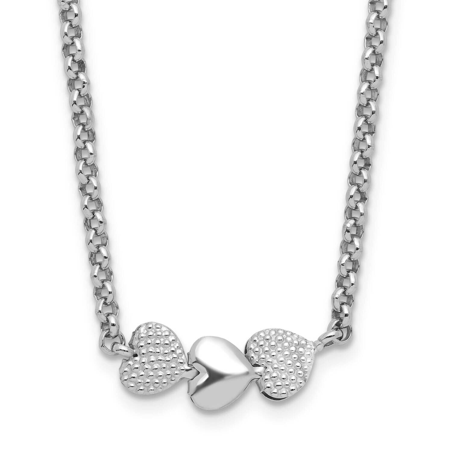 Textured Heart Stations 24 Inch Necklace Sterling Silver Rhodium-Plated QG6552-24, MPN: QG6552-24,
