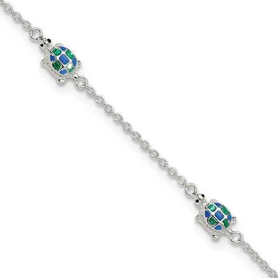 Enamel Turtle 10In Plus 1 Inch Extension Anklet Sterling Silver Polished QG6313-10, MPN: QG6313-10,
