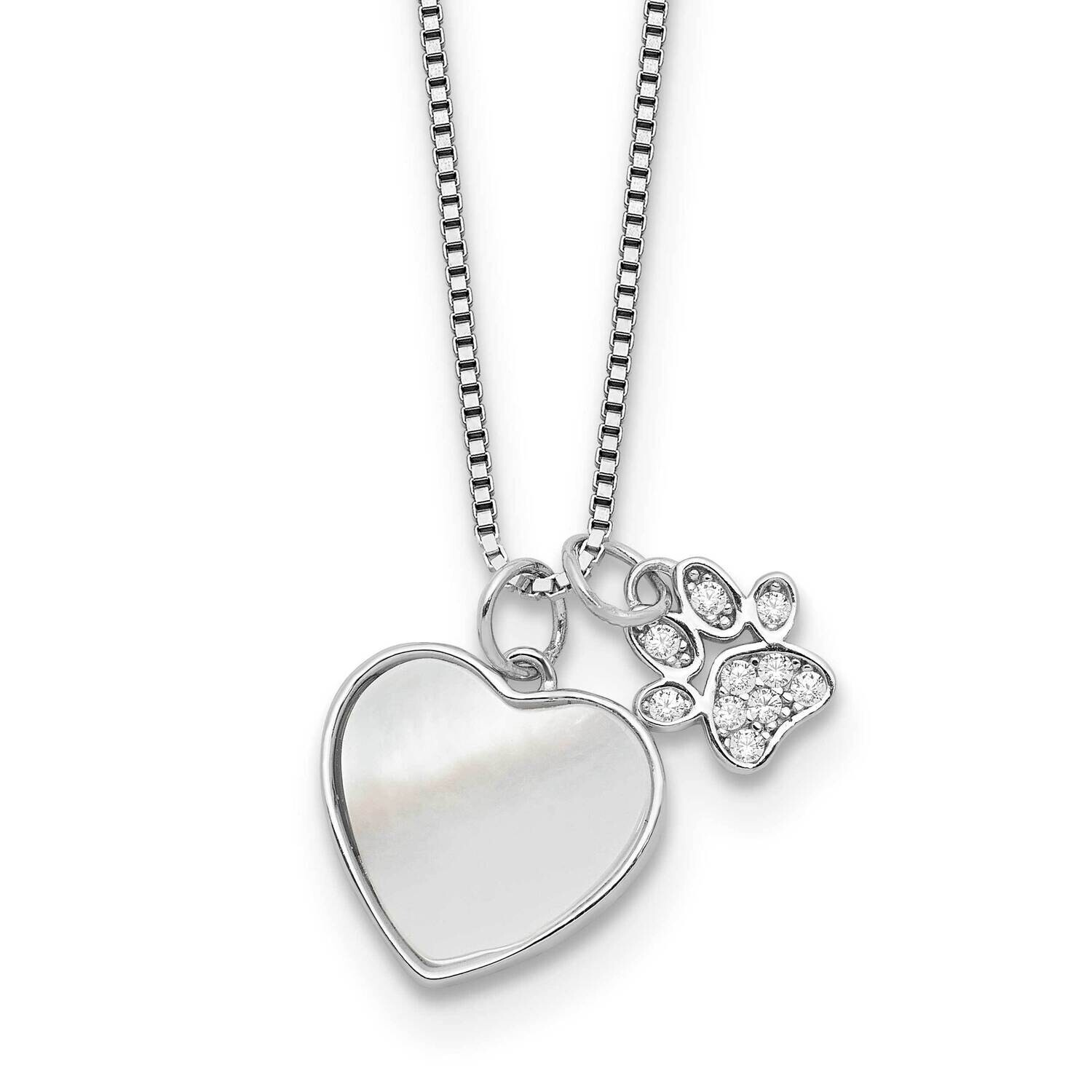 Rhod-Plated Mop/CZ Paw 2 Inch Extension Necklace Sterling Silver QG6684-18, MPN: QG6684-18,
