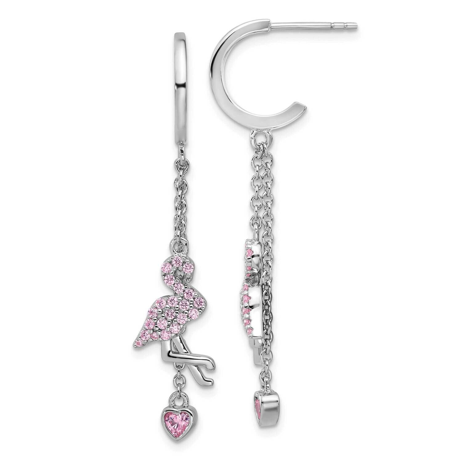 Pink CZ Flamingo Heart Post Hoop Earrings Sterling Silver Rhodium-Plated QE17621, MPN: QE17621,