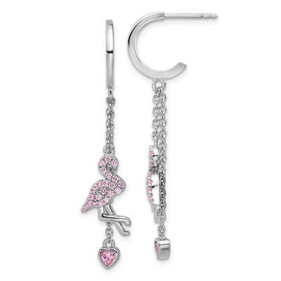 Pink CZ Flamingo Heart Post Hoop Earrings Sterling Silver Rhodium-Plated QE17621, MPN: QE17621,