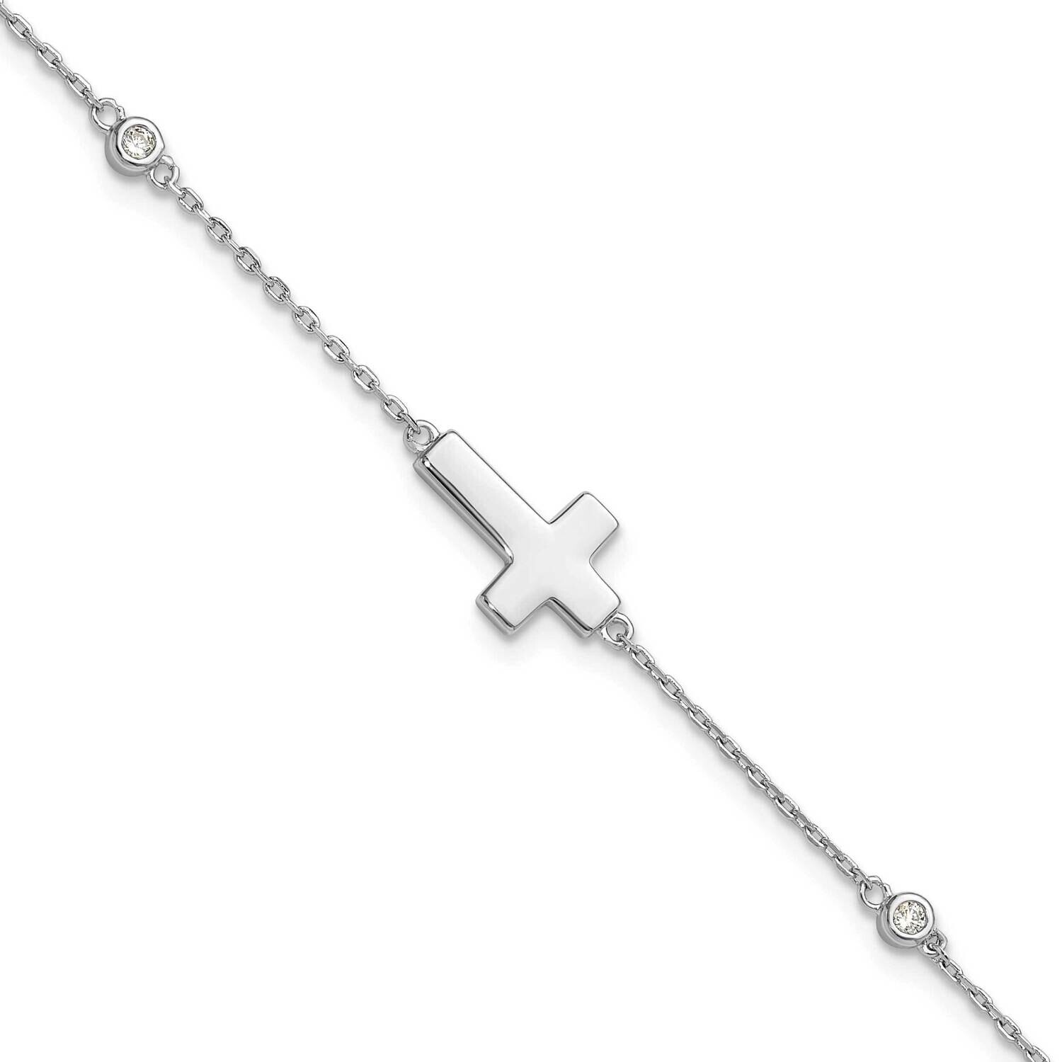 CZ Sideways Cross 7 Inch 1 Inch Extender Bracelet Sterling Silver Rhodium-Plated QG6379-7