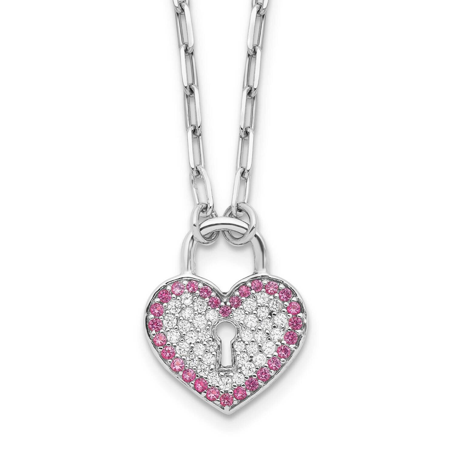 Rhod-Pltd CZ/Crystal Heart Lock 16 Inch 2 In Extension Necklace Sterling Silver QG6603-16, MPN: QG6…