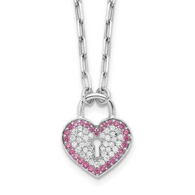 Rhod-Pltd CZ/Crystal Heart Lock 16 Inch 2 In Extension Necklace Sterling Silver QG6603-16, MPN: QG6…