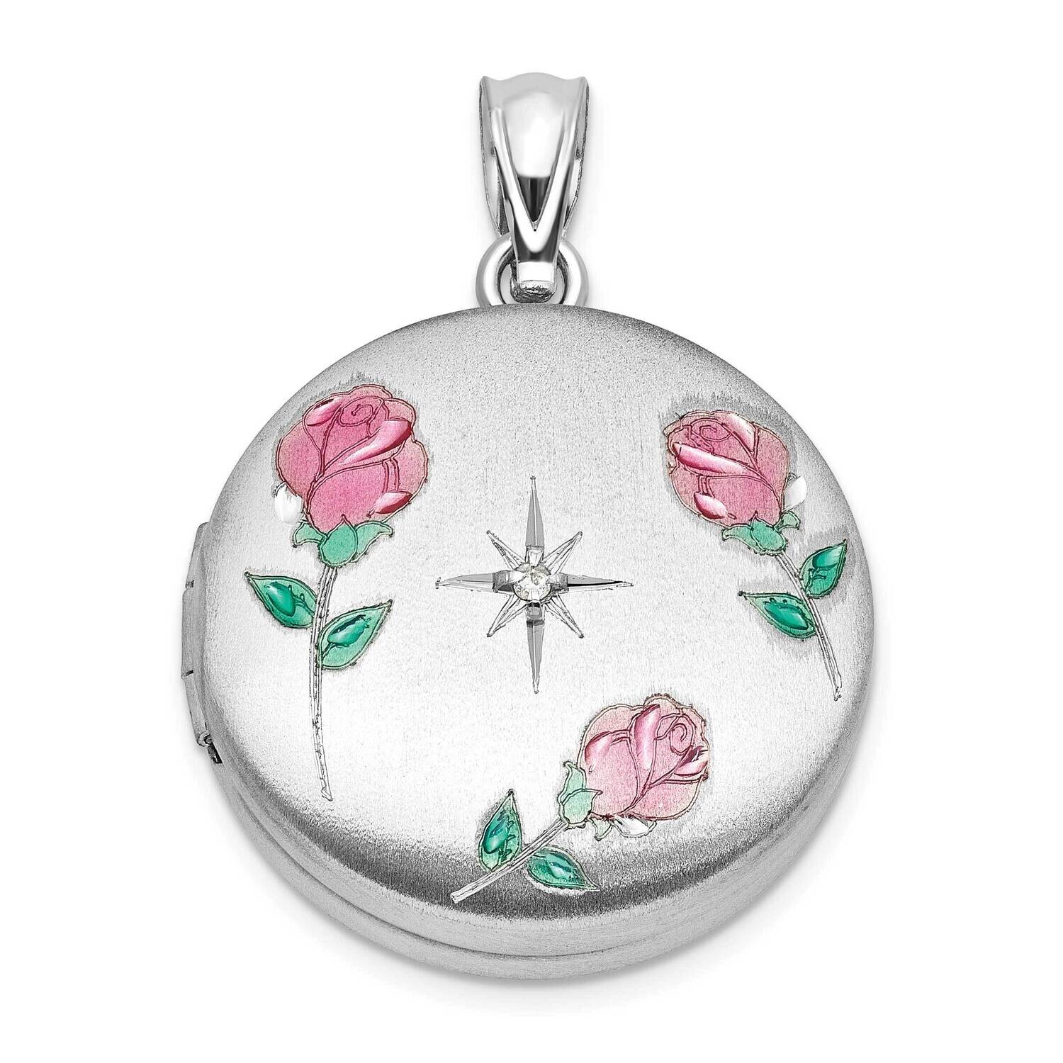 Rh-Plated .05Ct Diamond Epoxy Roses 20mm Round Locket Sterling Silver QLS1178, MPN: QLS1178,