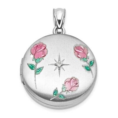 Rh-Plated .05Ct Diamond Epoxy Roses 20mm Round Locket Sterling Silver QLS1178, MPN: QLS1178,