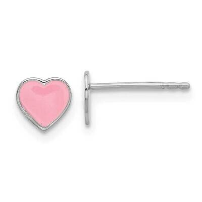 Pink Enamel Heart Children&#39;s Post Earrings Sterling Silver Rhodium-Plated QE17741, MPN: QE17741,