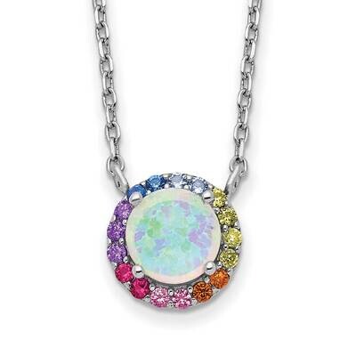 Prizma 16 Inch Lab Created Opal Colorful CZ Round Necklace 2 Inch Extender Sterling Silver Rhodium-…