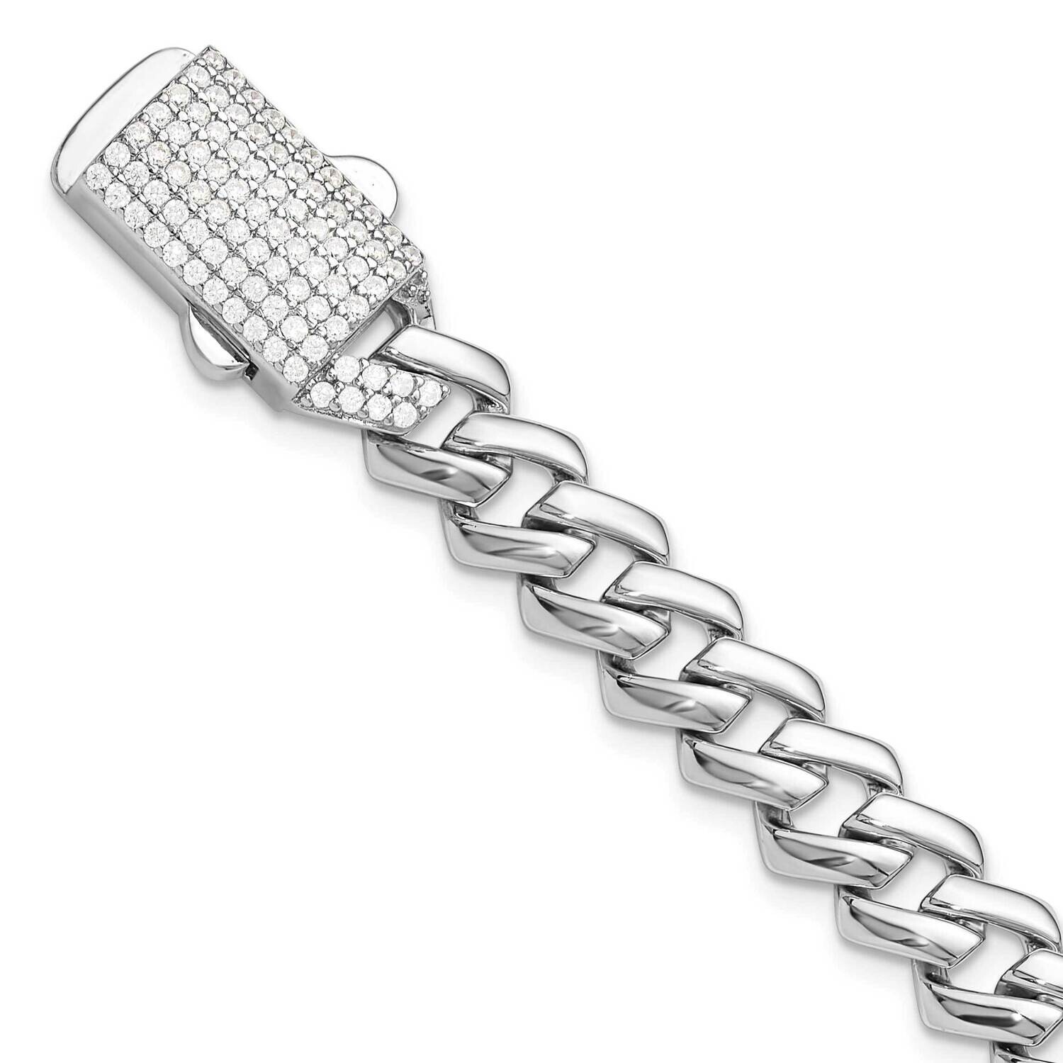 Monaco Link CZ Pavc Clasp 7.5 Inch Bracelet Sterling Silver Rhodium-Plated QG6509-7.5