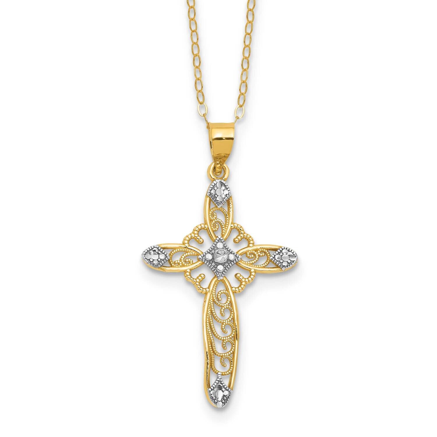 Gold Tone White Rhodium 16 Inch 2 Inch Extender Diamond-Cut Filigree Cross Sterling Silver QG6578-1…