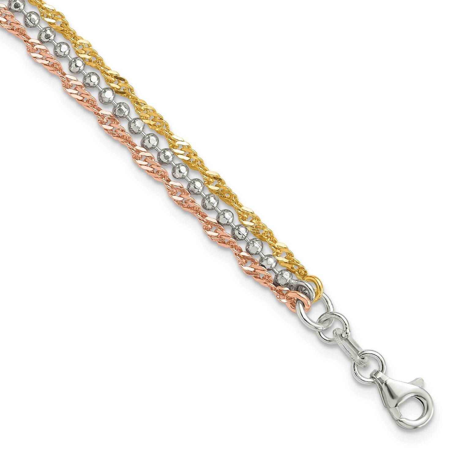 Gold Tone Rose Tone 3 Str7.5 Inch Bracelet Sterling Silver QG6412-7.5, MPN: QG6412-7.5,
