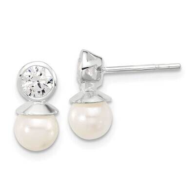 CZ 6-6.5mm Glass Pearl Post Earrings Sterling Silver Polished QE17266, MPN: QE17266,