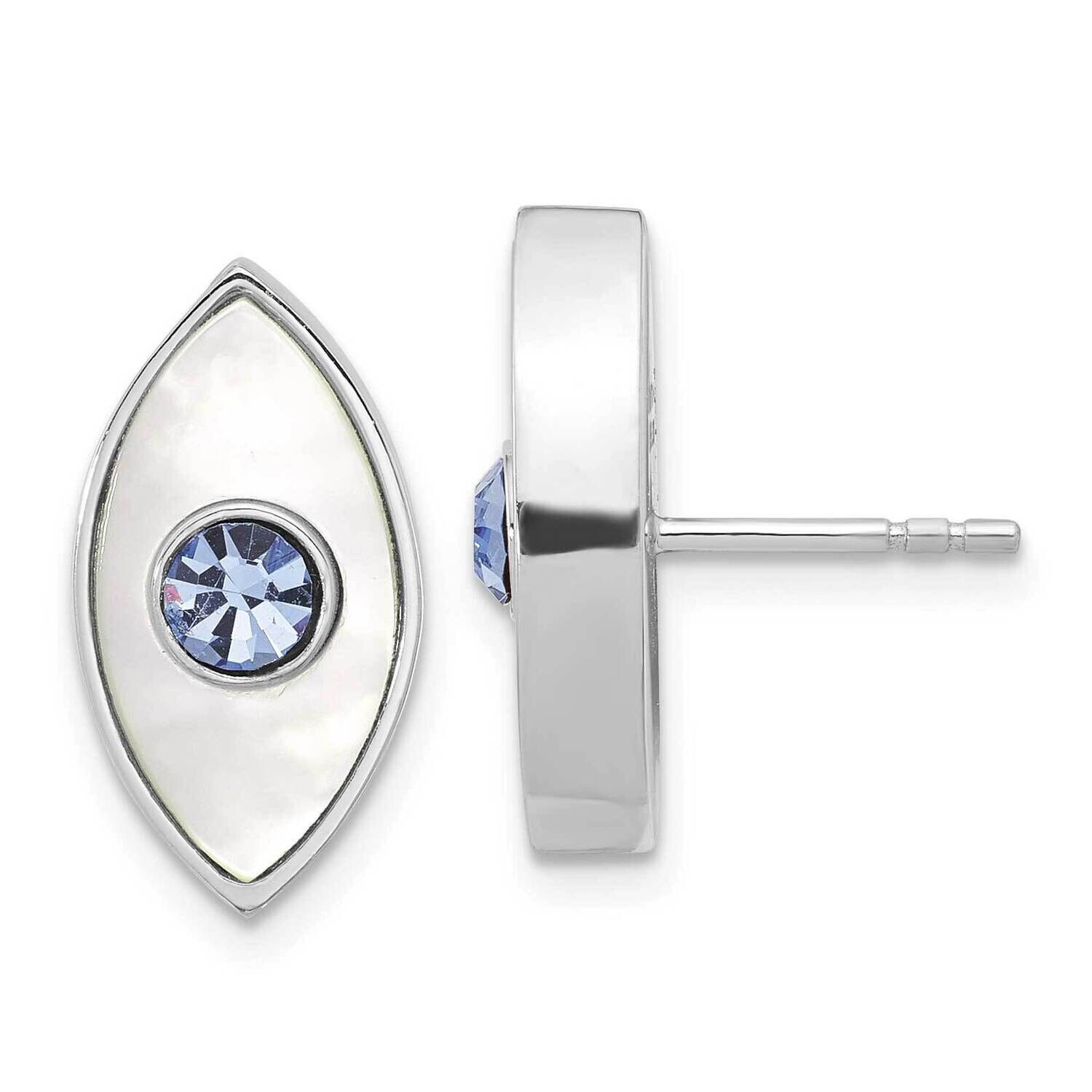 Rh-Plated Polished Mop & Blue Crystal Evil Eye Post Earring Sterling Silver QE17703