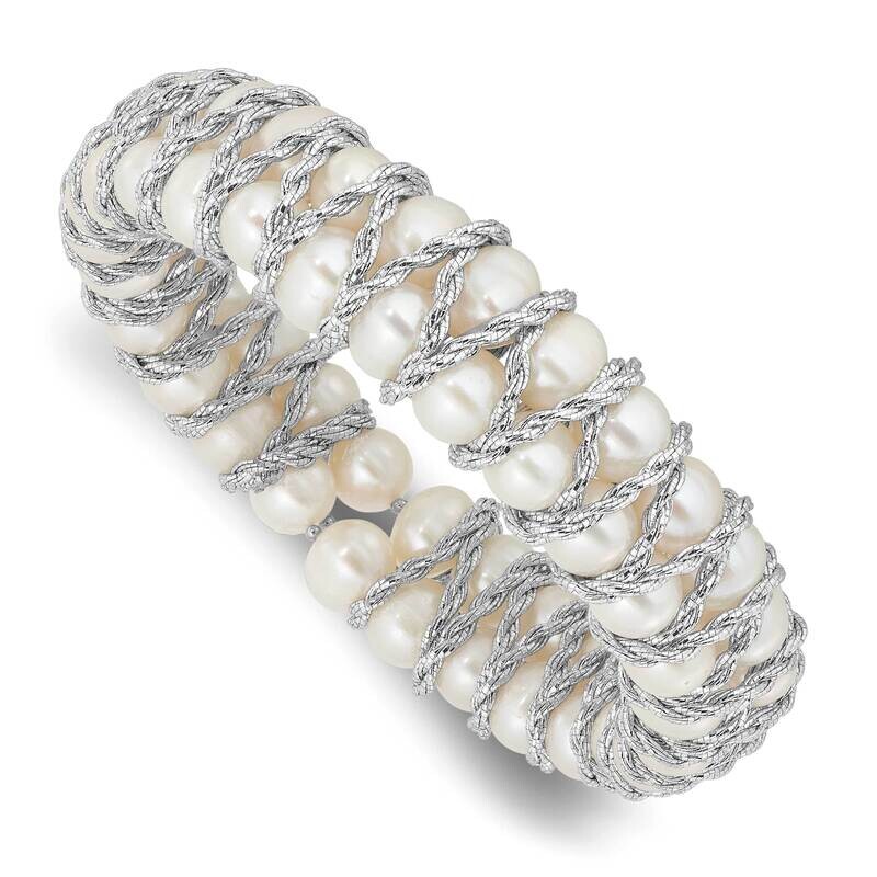 Rh-Plated Textured 8-9mm White Fwc Pearl Flexible Bangle Sterling Silver QH5765