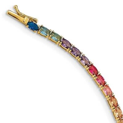 Prizma Flash Gold-Plated 7.5 Inch Oval Colorful CZ Tennis Bracelet Sterling Silver Gold-Tone 14k QG…