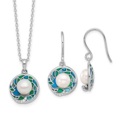 Rh-Plated Enamel Fwc Pearl CZ 17 Inch Necklace Earring Set Sterling Silver QH5824SET, MPN: QH5824SE…