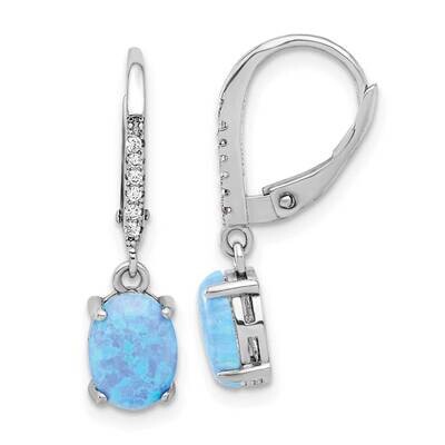 Rh-Plated CZ &amp; Oval Blue Cr. Opal Leverback Dangle Earrings Sterling Silver QE17454, MPN: QE17454,