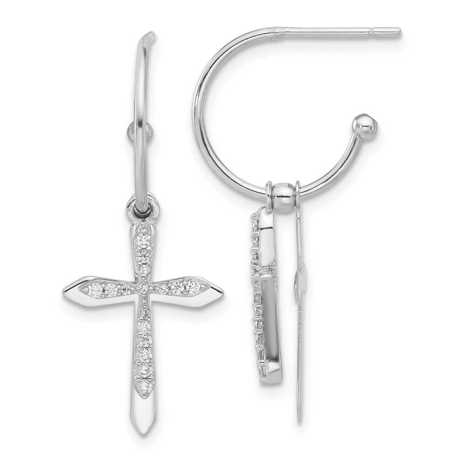 CZ Cross Dangle Post C-Hoop Earrings Sterling Silver Polished QE17687, MPN: QE17687,