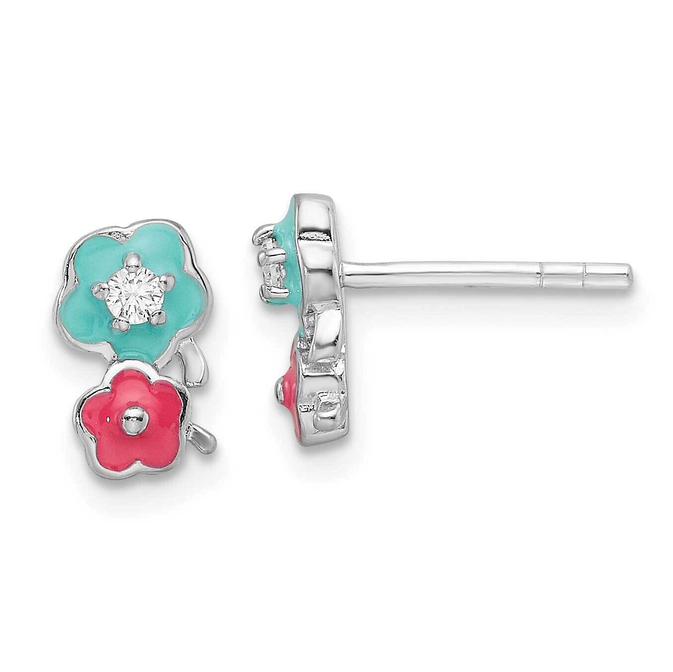 Rh-Plated CZ &amp; Enamel Flowers Children&#39;s Post Earrings Sterling Silver QE17724, MPN: QE17724,