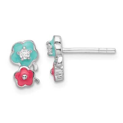 Rh-Plated CZ &amp; Enamel Flowers Children&#39;s Post Earrings Sterling Silver QE17724, MPN: QE17724,