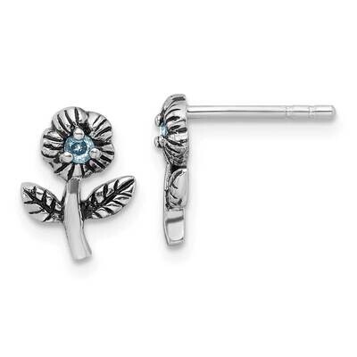 Antiqued Blue CZ Flower Post Earrings Sterling Silver Rhodium-Plated QE17631, MPN: QE17631,