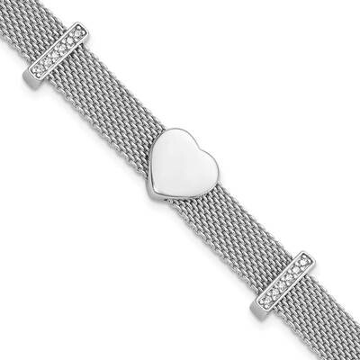 Mesh CZ Heart 6.75 Inch Bracelet Sterling Silver Rhodium-Plated QG6469-6.75, MPN: QG6469-6.75,