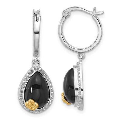 14K Accent Flower &amp; Black Onyx Beaded Teardrop Round Dangle Hoop Earrings Sterling Silver Rhodium-P…