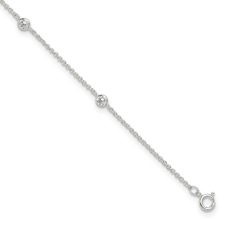 E-Coated CZ Stations 9.75 Inch Plus 1 Inch Extender Anklet Sterling Silver QG6328-9.75