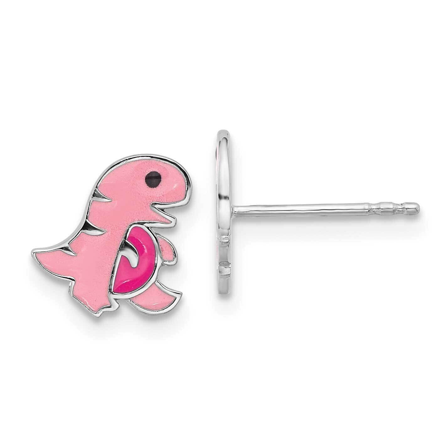 Polished Pink Enamel Dinosaur Children&#39;s Post Earrings Sterling Silver Rhodium-Plated QE17750, MPN:…