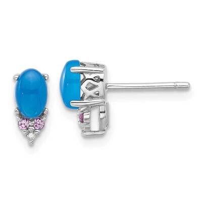 Rh-Plate Blue Onyx .08 Cr.Pink Sapphire Diamond Post Earrings Sterling Silver QE17765, MPN: QE17765,