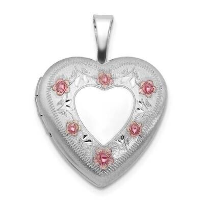 Rh-Plated Polished Satin Epoxy 16mm Floral Heart Locket Sterling Silver QLS1122, MPN: QLS1122,