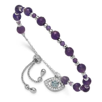 Amethyst CZ Blue Glass Adjustable Bracelet Sterling Silver Rhodium-Plated QG6277, MPN: QG6277,