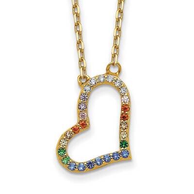 Prizma Flash Gold-Plated 16 Inch Colorful CZ Heart Necklace 2 Inch Extender Sterling Silver Gold-To…