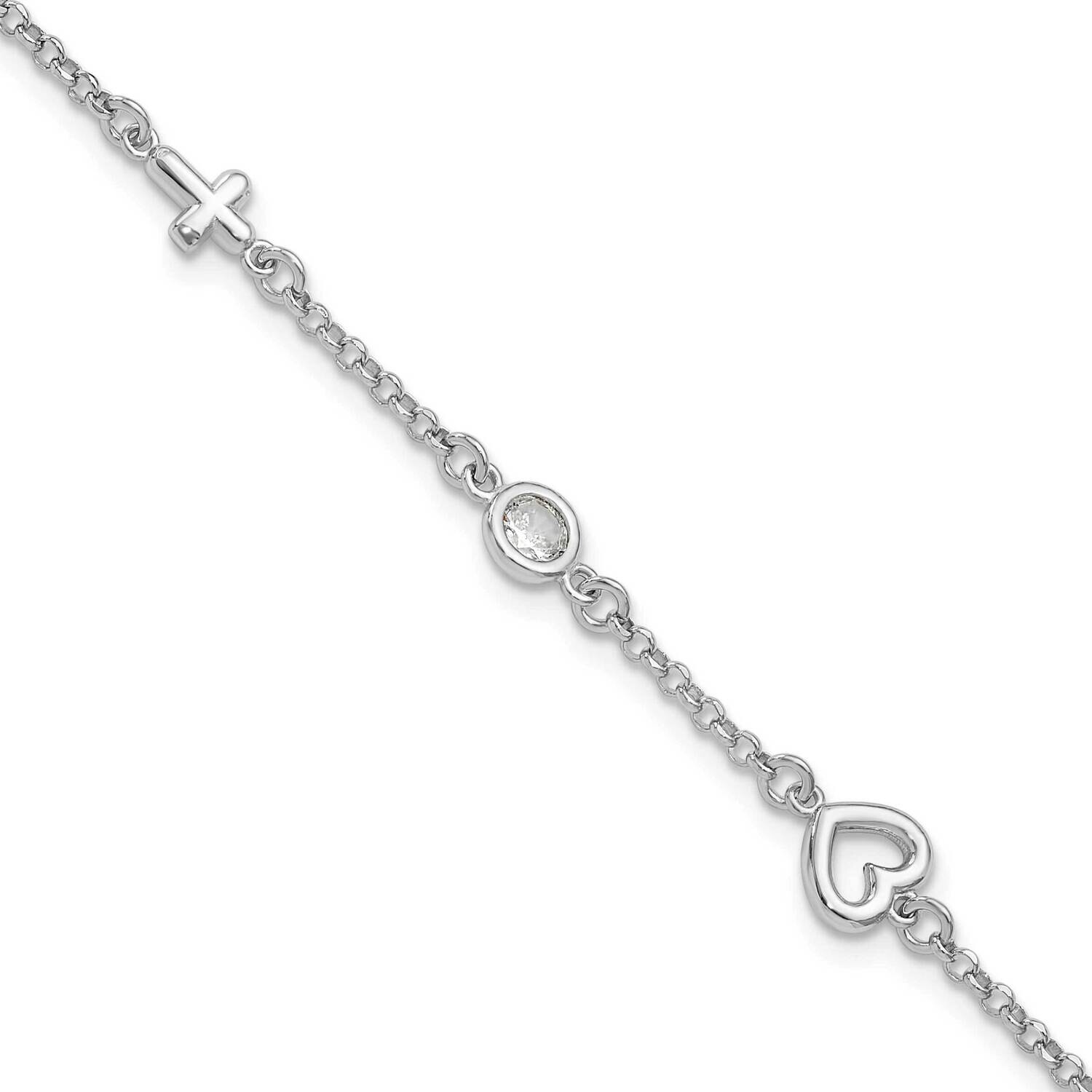 Rh-Plated CZ Heart &amp; Cross 1 Inch Extender Children&#39;s Bracelet Sterling Silver QG6733-5.5, MPN: QG6…
